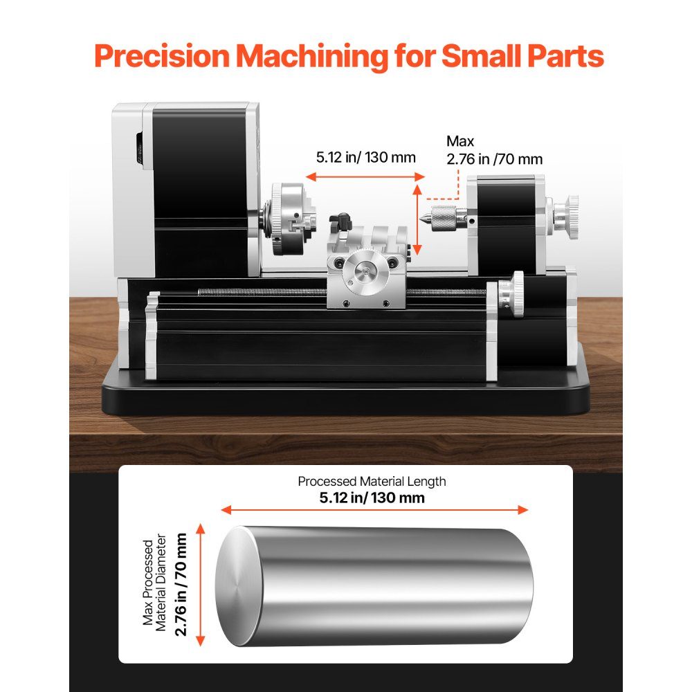 Mini metal lathe 70x130 mm, milling machine 20000 rpm, 36W high performance motor, 3-jaw chuck, didactic metal lathe with protection for machining precision parts