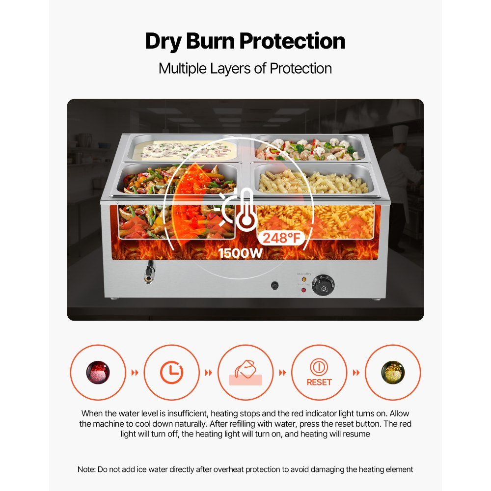 Réchauffeur de nourriture commercial (4 récipients de taille 1/2), récipient chauffant électrique en acier inoxydable de 1,5 kW avec couvercle et louche à soupe, réchauds pour restauration, restaurant, fête