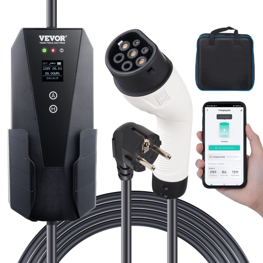 Chargeur portable EV avec écran LCD, chargeur de véhicule électrique 3,68 kW, câble de charge EV type 2 (IEC62196), prise CEE 7/7, 16 A, station de charge EV monophasée, longueur de câble 8,6 m, étanche IP66-Wallbox