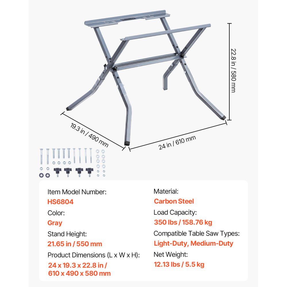 Table saw stand, 158.76 kg load capacity, base frame 610x490x580 mm, robust construction, easy storage, foldable design, universal for most brands of table saws