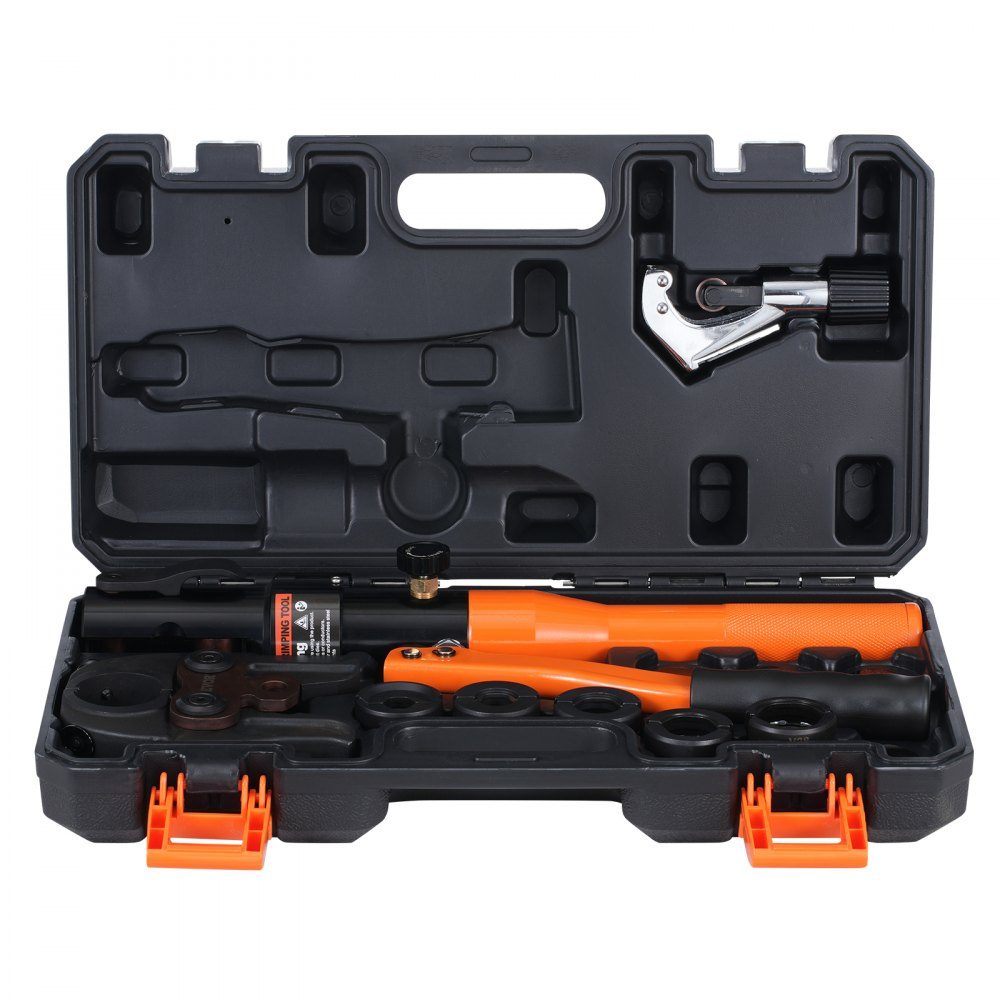 Hydraulic pipe crimping tool for copper pipe connections, pressing pliers with V12, V15, V18, V22, V28 quick-change jaws, 360° rotating press set for T-connections in tight spaces, hydraulically powered