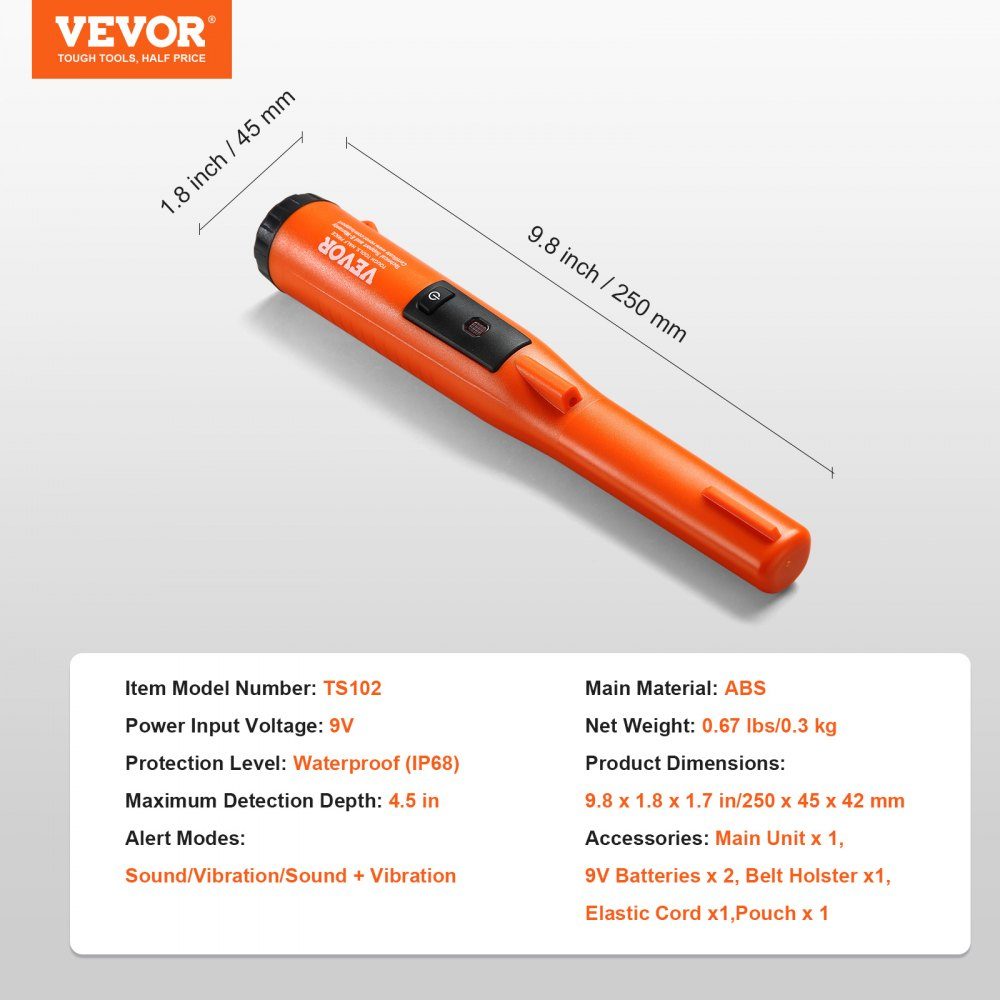 Metalldetektor Pinpointer, IP68, vollständig wasserdichter Metalldetektor, 11 cm Erkennungstiefe, Propointer, Schatzsuche mit 3 Modi, LCD/Ton/Vibration/Ton + Vibration, 9-V-Batterie und Samtbeutel im Lieferumfang enthalten