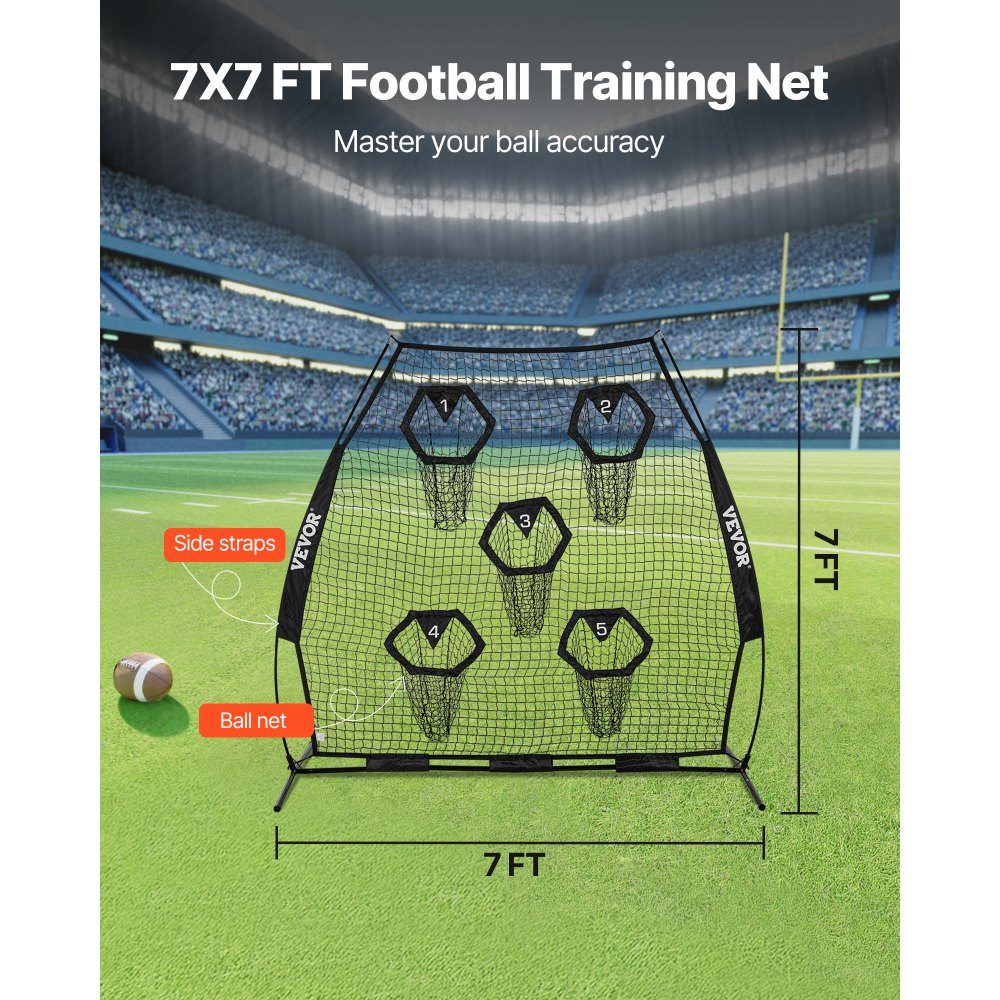Football Coach Throwing Net, Practice Net (2265 x 1060 x 2100mm) with 5 Target Pockets and Portable Storage Bag and Straps, Throwing Target Training for Quarterback Passing Accuracy, Black