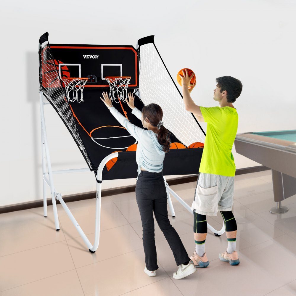 Faltbaes Indoor-Basketballspiel für 2 Spieler, Basketballmaschine, Basketballballständer mit 5 Bällen & 8 Spielmodi & 2 Basketballkörben & aufblasbarer Pumpe, für Kinder, Erwachsene (Schwarz & Weiß)