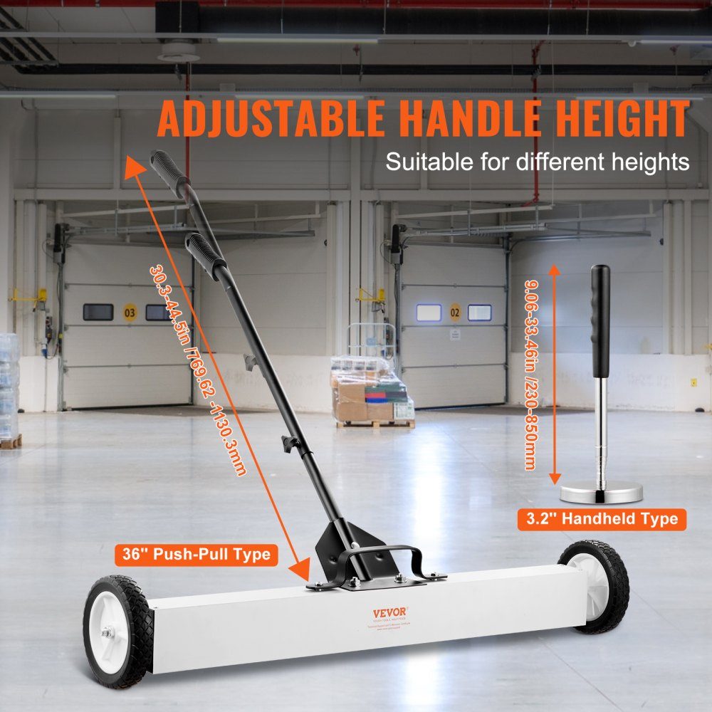 36 Inch Wheeled Magnetic Sweeper, 55 Pound Capacity, with Extendable Magnetic Pickup Tool, Adjustable Handle, Magnetic Pickup Sweeper for Picking Up Nails and Screws, for Workshop, Garage, Yard
