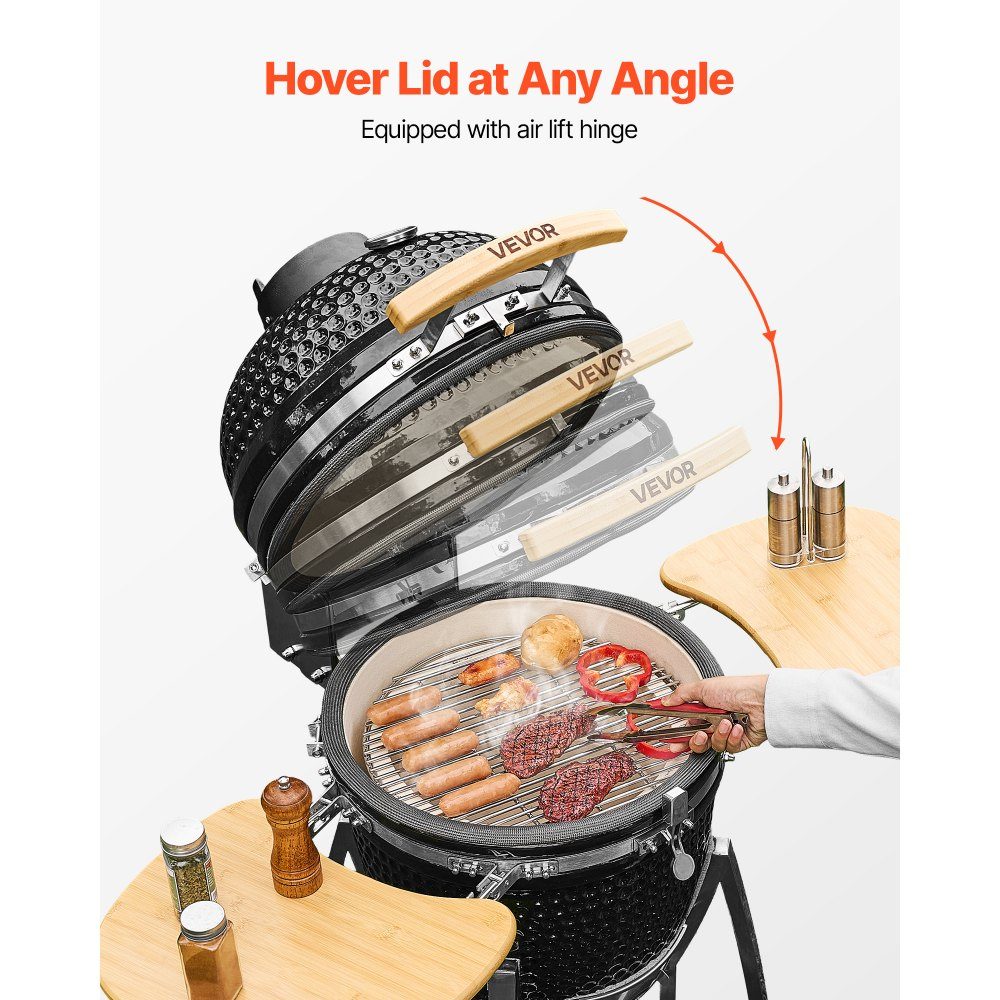 Kamado-Grill, Keramikgrill, Smoker Ø 450 mm, mit Holzgriffen, Seitenablagen, Metallständer mit Rädern & Thermometer bis 400°C, oberer & unterer Luftstrom, zum BBQ, Grillen, Kochen & Backen im Freien