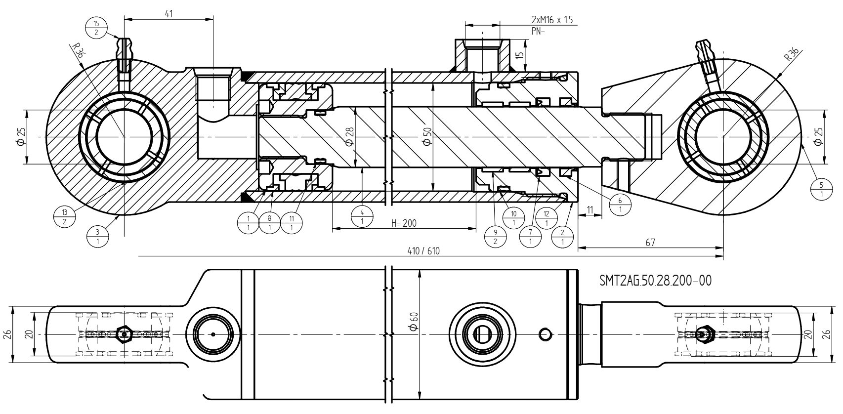 HYDRAULIKZYLINDER 50x28 HÜBE 200 + MONTAGE