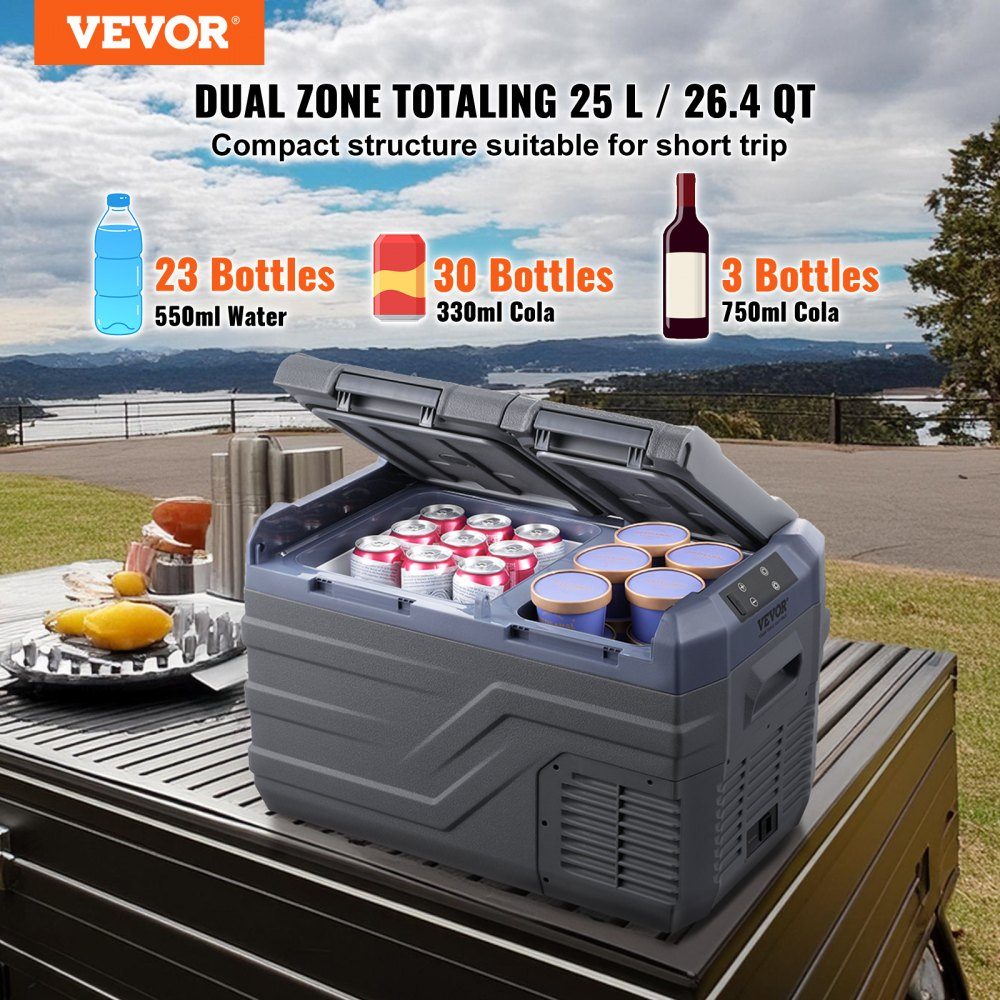 Car Refrigerator, 12V Car Fridge, Portable 25L Dual Zone Freezer, Adjustable Range from -4℉ to 68℉, 12/24V DC und 100-240V AC Compressor Cooler for Outdoor, Camping, RV