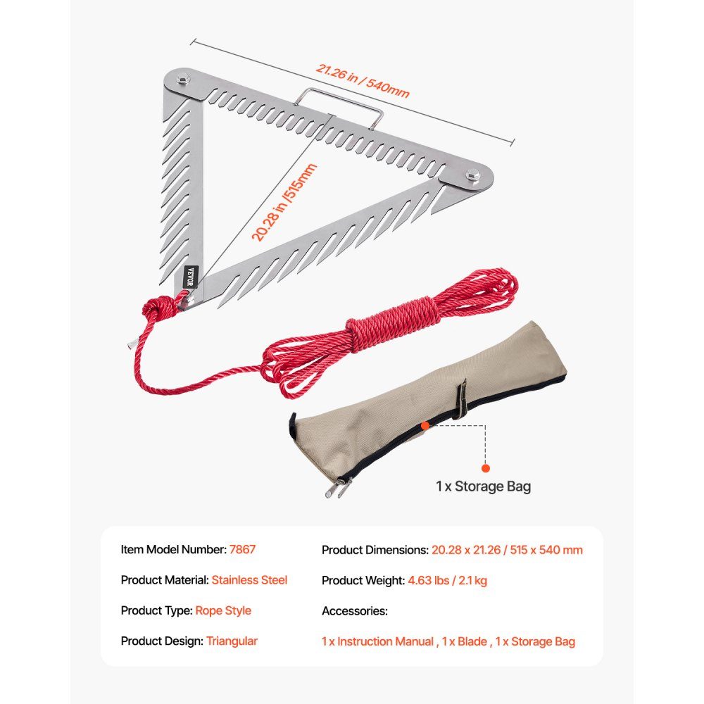 Râteau de bassin 515x540x9 mm, râteau à joncs de mer 3 côtés avec manche, rasoir à herbe de bassin pliable, coupe-herbe de bassin en acier inoxydable avec corde de 9 m, pour lacs et étangs