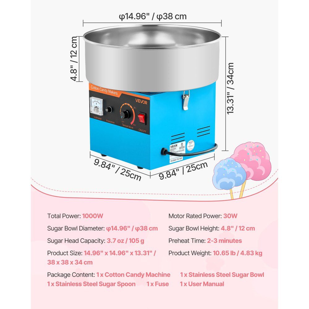 Cotton Candy Machine, 1000W Electric Cotton Candy Machine with 38cm Stainless Steel Bowl and Candy Spoon, Makes Cotton Candy for Home Birthdays, Family Reunions, Blue, 3500RPM