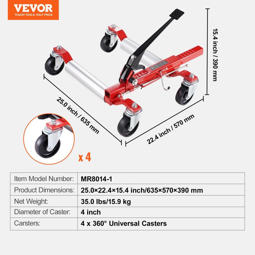 Chariot à roues Capacité de charge 680 kg Rouleau de manœuvre avec fonction cliquet Rouleau à pneus pour voitures et SUV Idéal pour manœuvrer et déplacer des véhicules Cric à cliquet