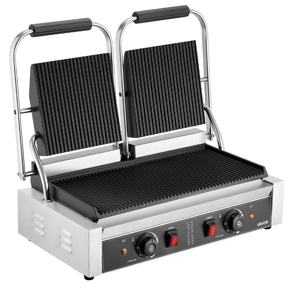 Commercial Contact Grill 3600W Electric Grill Sandwich Maker (Double Baking Plates) Stainless Steel Panini Press with Temperature Control, 48x23cm Grooved Enamel Plate for Hamburger Steak Bacon