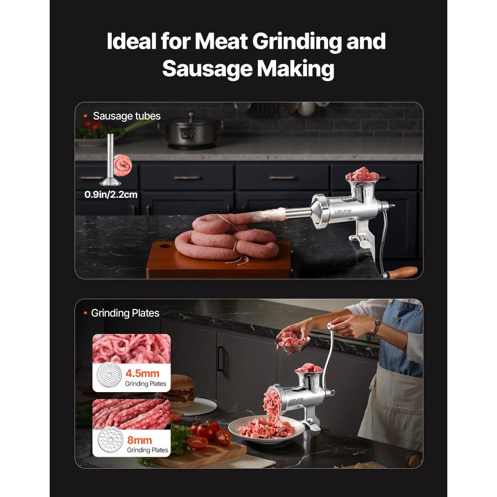 Hachoir à viande manuel, toutes les pièces en acier inoxydable, hachoir à viande manuel avec pince de table, 2 plaques de broyage et poussoir à saucisses, idéal pour la cuisine à domicile, le restaurant, la boucherie