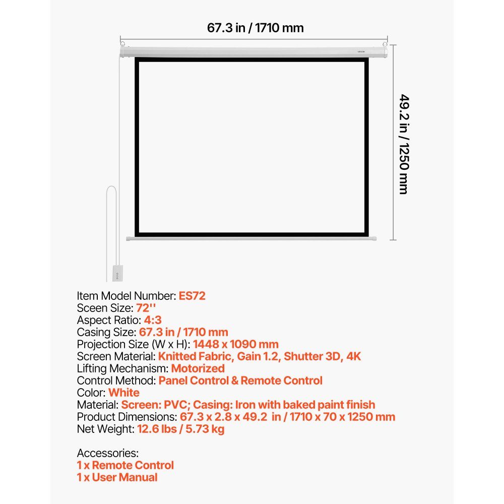 Motorized Projection Screen, 1829mm 4:3 1080 HD Electric Projection Screen, Wall Mounted Projector with Remote Control, Automatic Movie Screen for Family Home Office Cinema