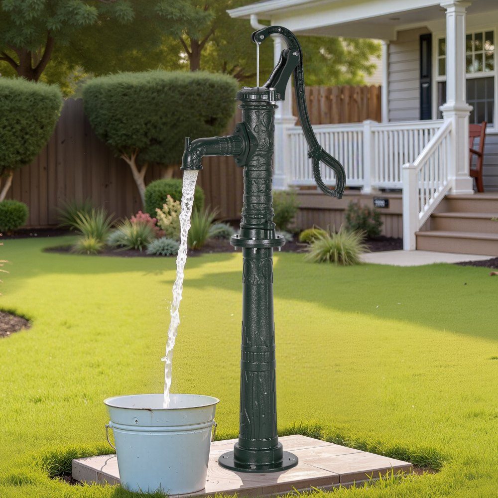 Antike Vintage Stielpumpe, 6 m Förderhöhe, nostalgische Gusseisenpumpe, Springbrunnenpumpe mit erhöhtem Sockel, NPT 1-1/4 Zoll Anschluss, Gartenpumpe, für Garten, Teich, Hof, Bauernhof, grün