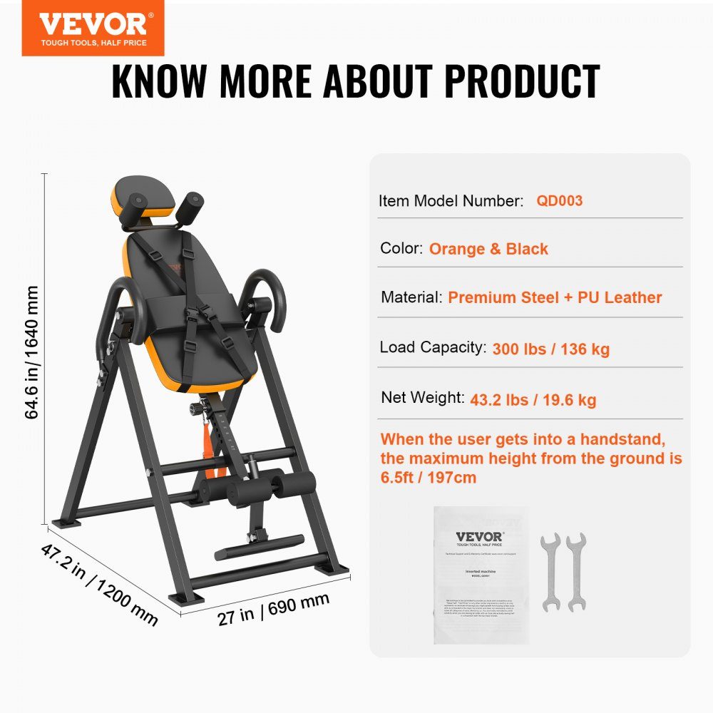 Inversion table, inversion bench, 136 kg load capacity, multifunctional back trainer, foldable strength training device with headrest, ankle lock, adjustable protective belt, orange/black