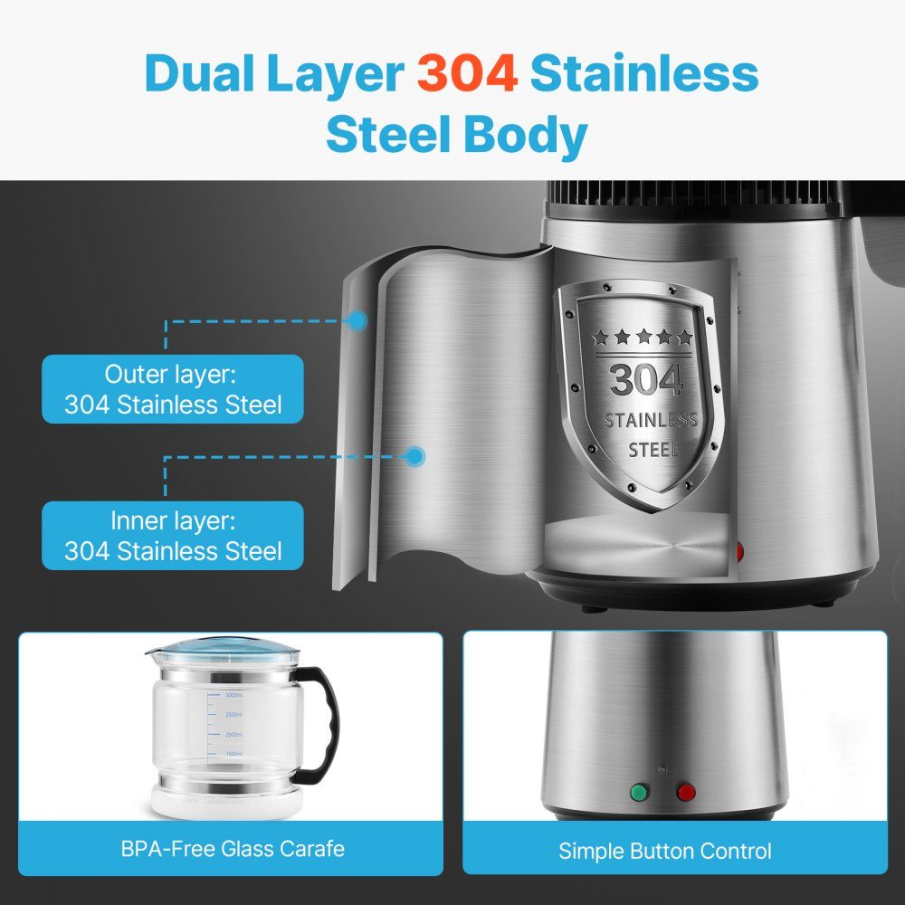 Waterdestilleerder 4L Gezuiverd waterfilter 750W Gedistilleerd water Roestvrij staal Binnendistilleerder Zilver Huishoudelijk 1L water per uur