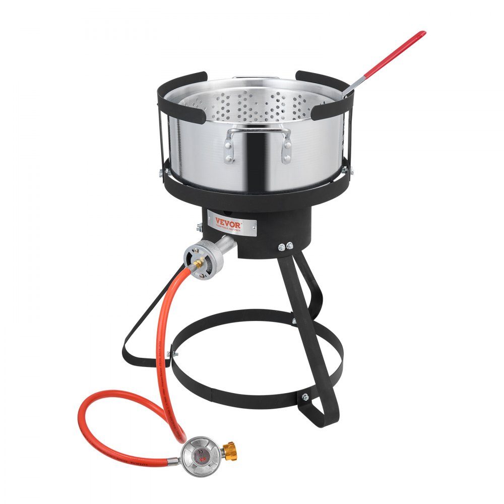 Fischfritteuse, Flügelfritteuse, 9,35 l, Propan-Fischfritteusen-Set, Aluminium-Meeresfrüchtetopf für den Außenbereich, mit Thermometer, Siebkorb und 54.000 BTU-Propanbrennern für das Kochen im Freien