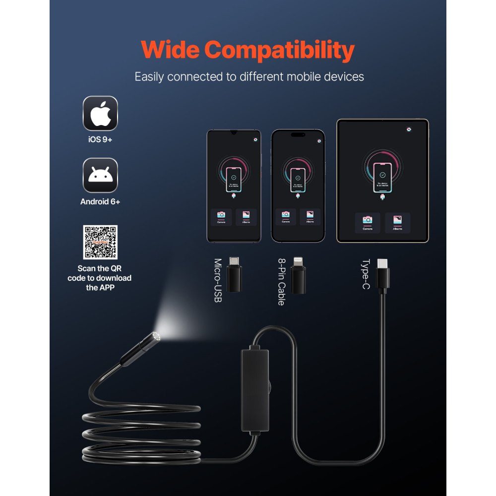 Endoskopkamera mit Licht, 1920P HD-Endoskop für Android und iOS, Inspektionskamera mit 8 LED-Leuchten und 3 m Kabel, 2-fach Zoom, wasserdichte IP67-Kanalkamera für Auto und Sanitär