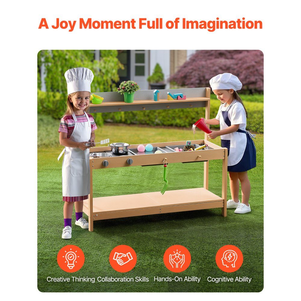 Mud kitchen 1000x360x885 mm, children's kitchen, wooden toy play kitchen set with accessories, outdoor play set, role play outdoor kitchen for boys and girls, toddler play kitchen with stove and sink