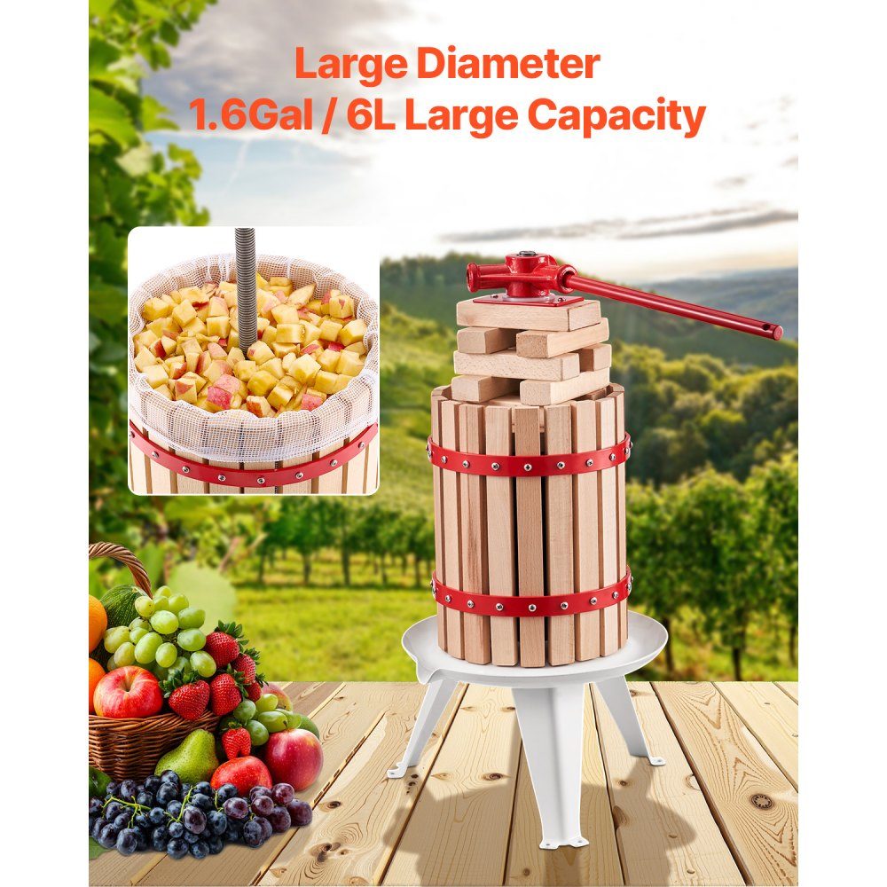 Presse-agrumes à fruits, broyeur de fruits (6L), avec panier en bois massif avec 8 blocs, presse-agrumes manuel robuste, presse-cidre, presse-pommes, presse-raisin, presse-huile d'olive avec poignée, presse-agrumes pour la cuisine
