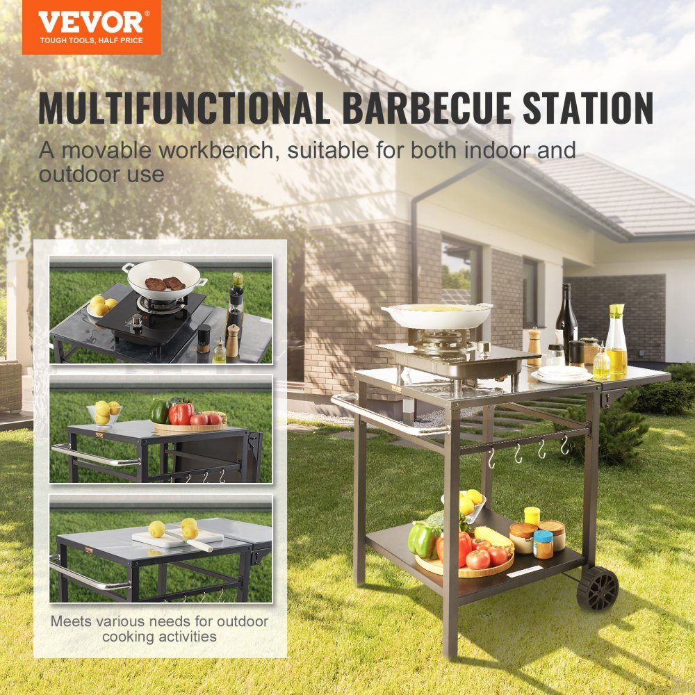 Servierwagen, Küchenwagen, 97,2 x 64 x 75,5 cm, Outdoor-Grill-Esswagen mit doppelter Ablage, beweglicher Grilltisch für die Zubereitung von Speisen, multifunktionale Tischplatte aus schwarzem Eisen