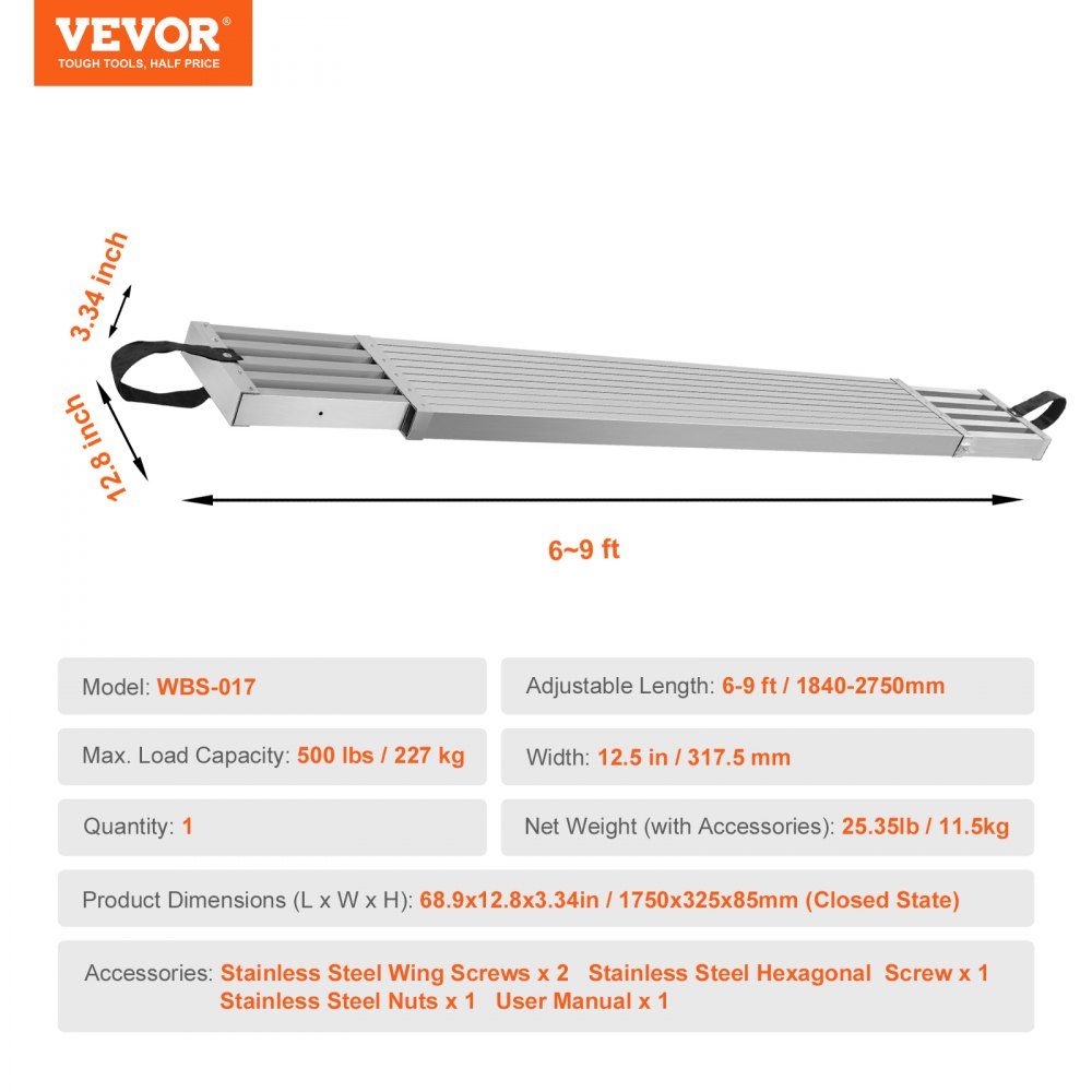 Telescopic Aluminum Work Plank 6-9 Feet 500 Pound Load Capacity 12.5" Wide Aluminum Scaffold Board Extension Stage Board with Non-Slip Platform Scaffold Ladder Accessories