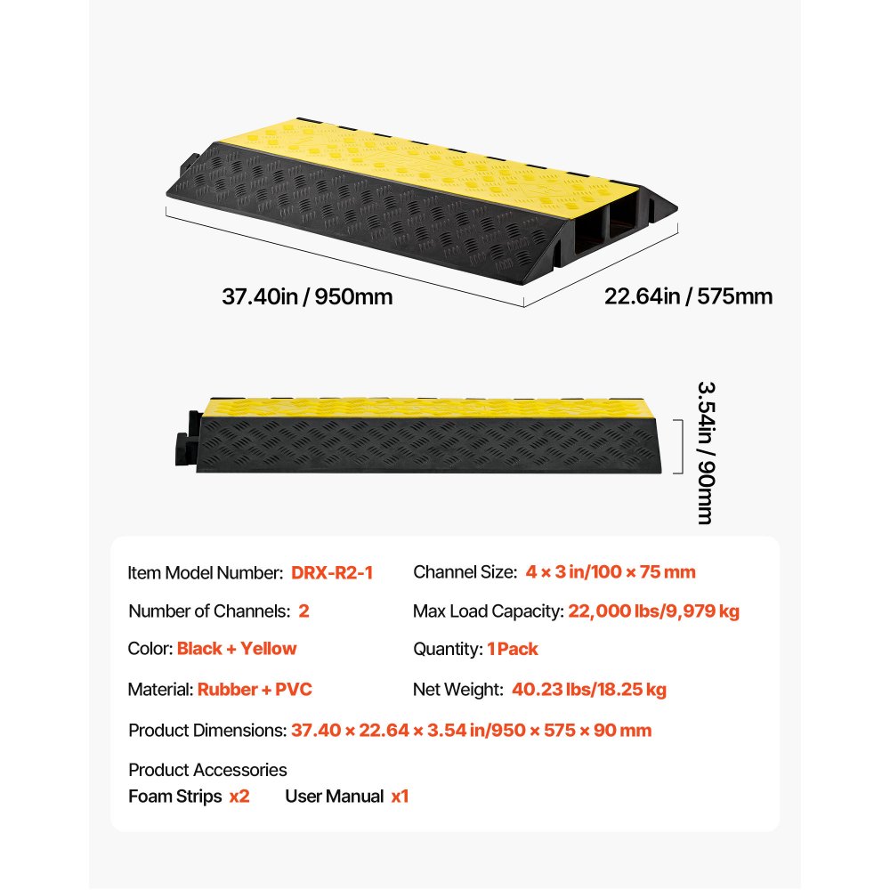 950 mm kabelbrug 9979 kg 2 kanalen (100 x 75 mm) rubberen overloopbeveiliging struikelbeveiliging vloerafdekkingen voor gebieden met hoge drempels thuiskantoor magazijn pak van 1