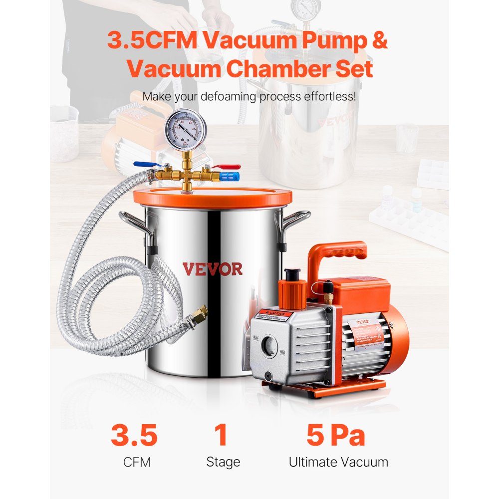 Vacuümkamer van 11,36 liter en pomp van 3,5 CFM, roestvrijstalen kamer, eentraps vacuümpomp-ontgassingkamerset, met acryldeksel, olie, 1,5 m slang, vacuümpompset voor het ontgassen van hars Siliconen epoxyharsen