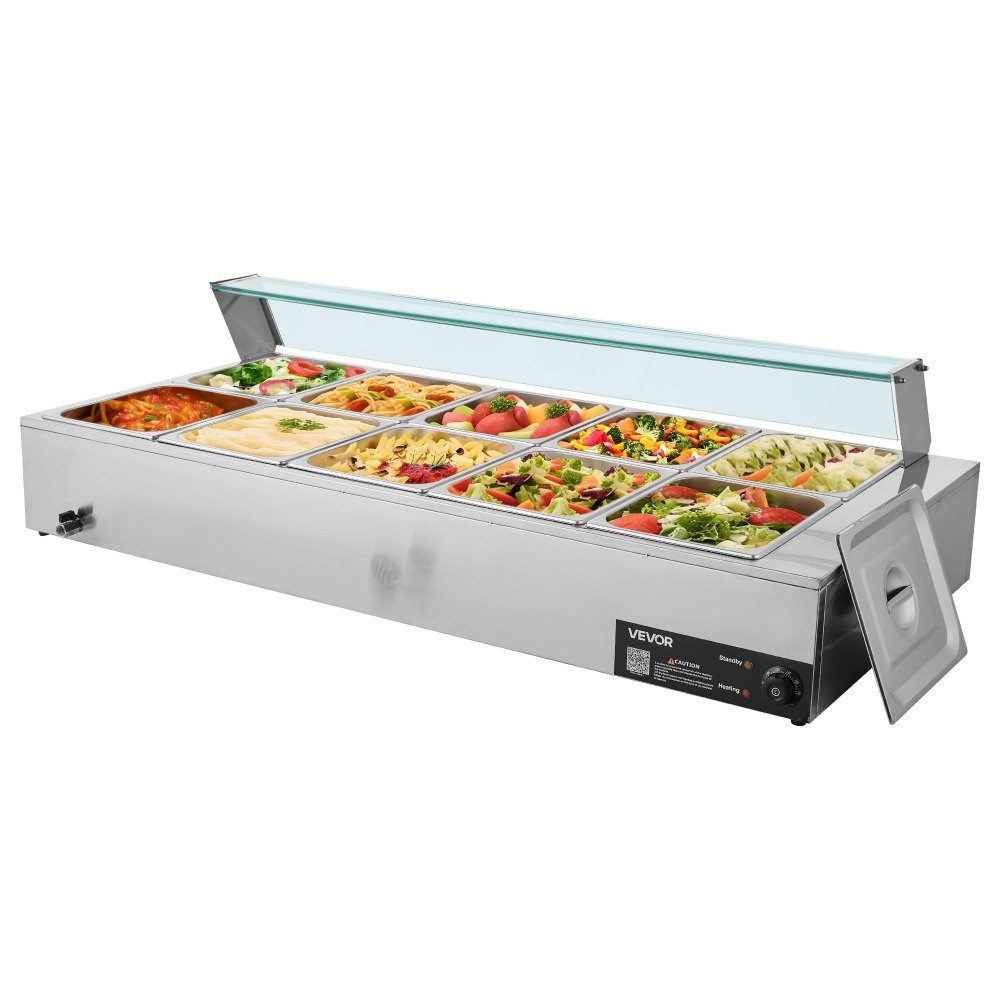 Commercial Food Warmer (10 x Size 1/2 Containers), 1.7KW Stainless Steel Electric Warming Container with Glass Cover and Soup Ladle, Chafing Dishes for Catering Restaurant Parties