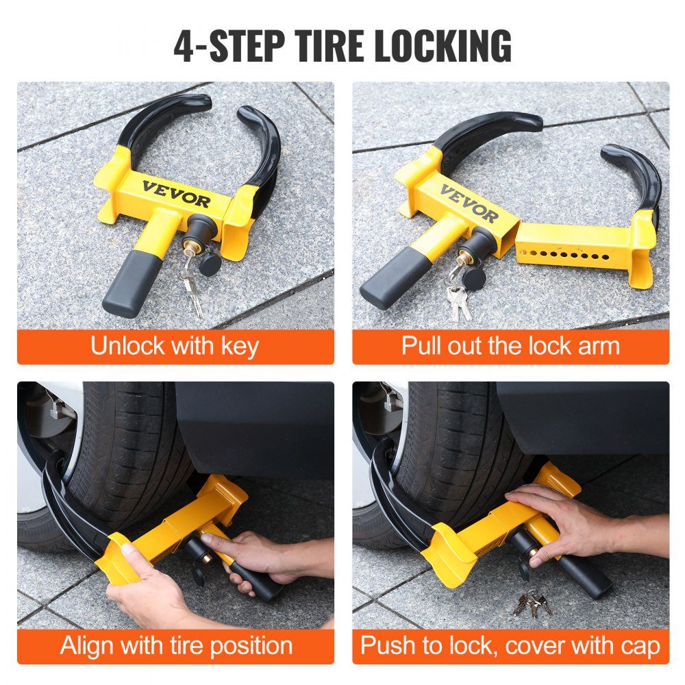 Lot de 2 griffes de stationnement antivol, 9 positions réglables avec 6 clés pour voiture, SUV, véhicule tout-terrain, remorque, griffe de pneu, antivol, pince de roue, blocage de roue, jaune