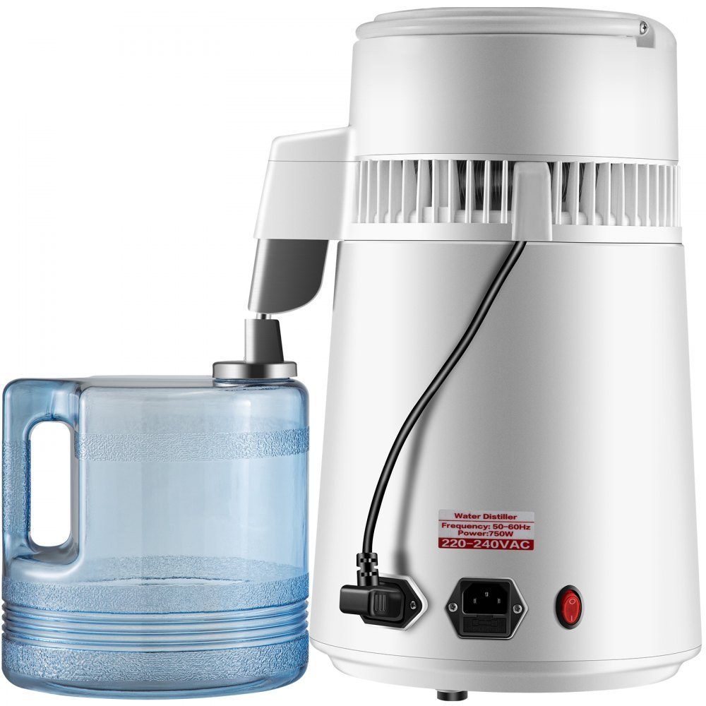 Waterdestilleerder drinkwater, 750W waterdestilleerder 1,3 L/H distilleerder waterdestilleerder, 304 roestvrijstalen witte distilleerder met handvat, thermostaat