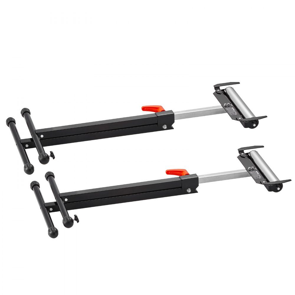 Set van 2 rolstatief, draagvermogen 113 kg, in hoogte verstelbaar van 68-109 cm, opklapbare werkbok met rolkop en randgeleiders van gepolijst staal, voor tafelzaaguitloop, verlengingssteun