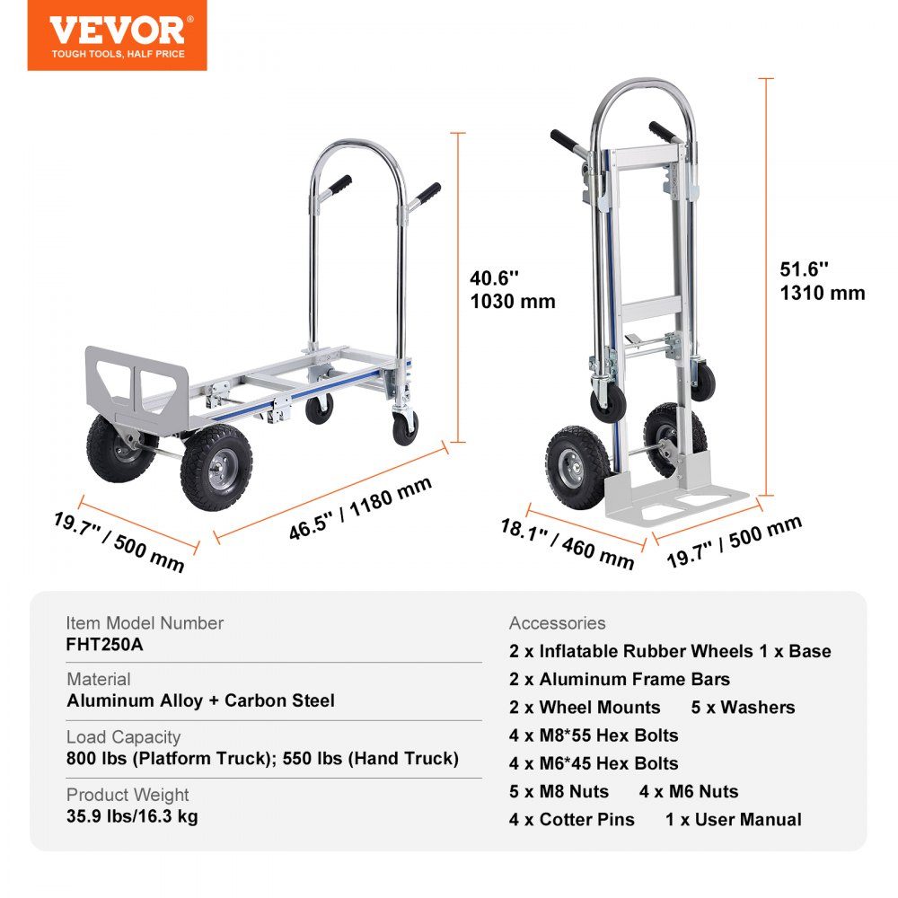 2 in 1 opvouwbare steekwagen 0,686 kg laadvermogen transportwagen aluminiumlegering koolstofstaal steekwagen platformwagen voor laden en transporttaken binnen en buiten