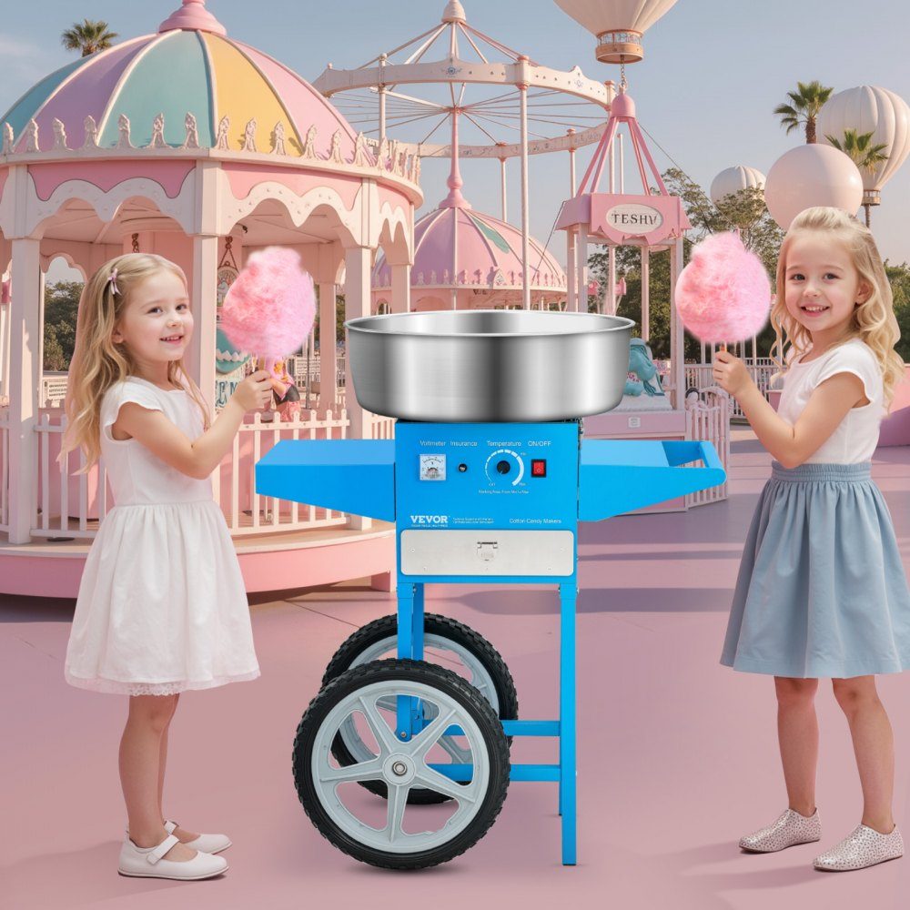Machine à barbe à papa électrique, machine à barbe à papa commerciale avec chariot (1000 W), avec bol en acier inoxydable de 52 cm, cuillère à sucre et tiroir, parfaite pour les anniversaires d'enfants, les réunions de famille, bleu
