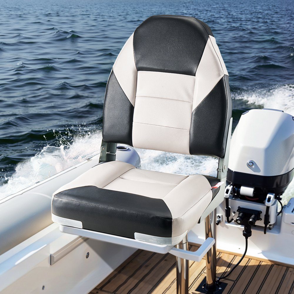 2pcs High Back Boat Seat Folding Fishing Boat Seat with Thick Sponge Cushion and Waterproof PVC Leather Aluminum Alloy Hinges Black Gray