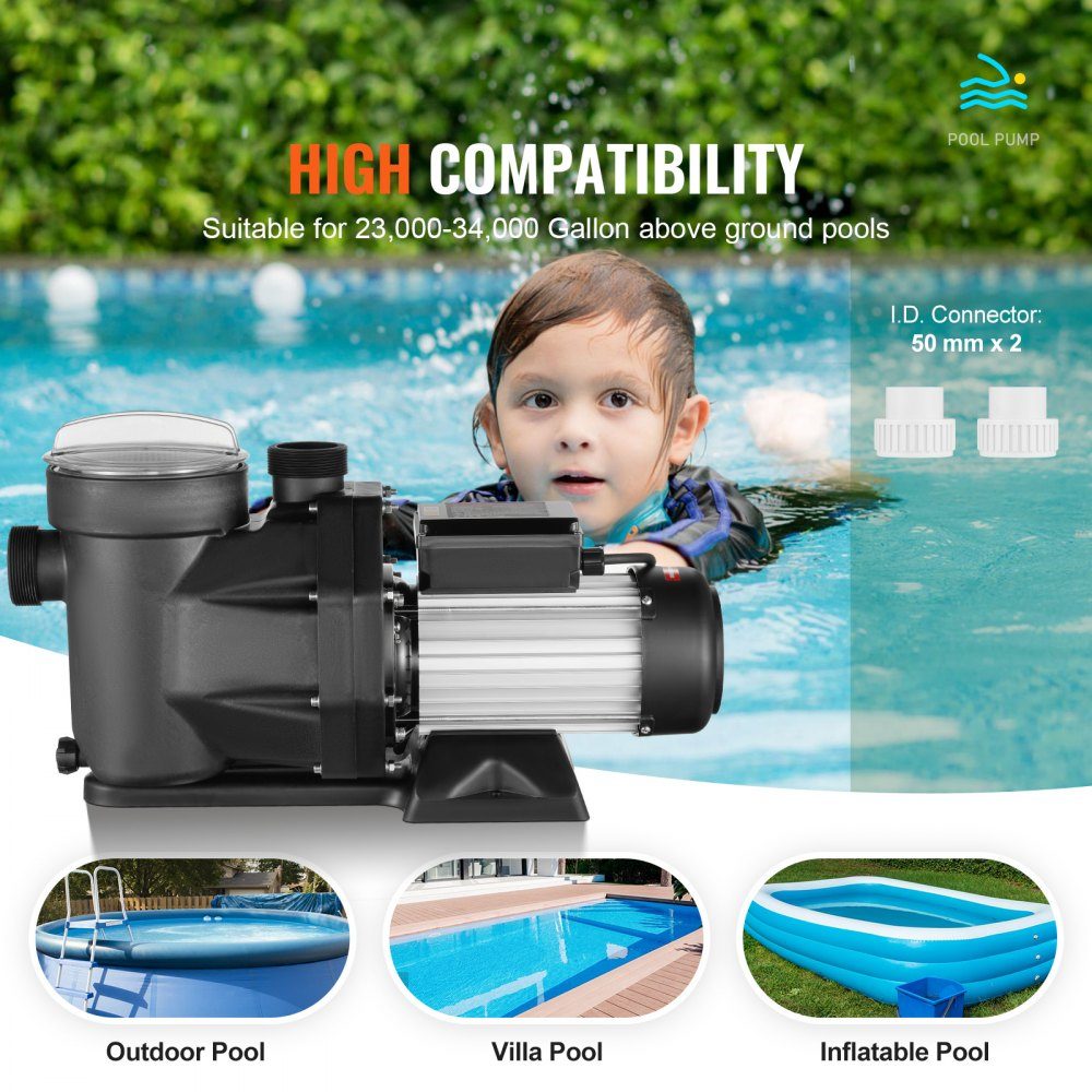 Pompe de Piscine Hors Sol 2HP, 220V-240V, 1450/2860RPM, Pompe Double Vitesse, 1800W, Débit Maximum 33000L/H, Pompe Puissante, Pompe de Piscine à Économie d'énergie pour Piscines Hors Sol, Certification CE