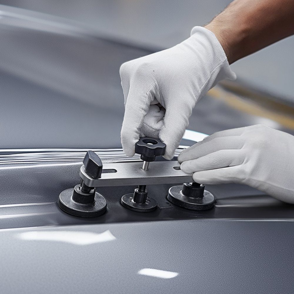 Uitdeukset, 60-delig. voor het verfvrij uitdeuken met goudheffer, brugtrekker, rubberhamer, lijmpistool, gereedschap voor het verwijderen van hagelschade aan de carrosserie