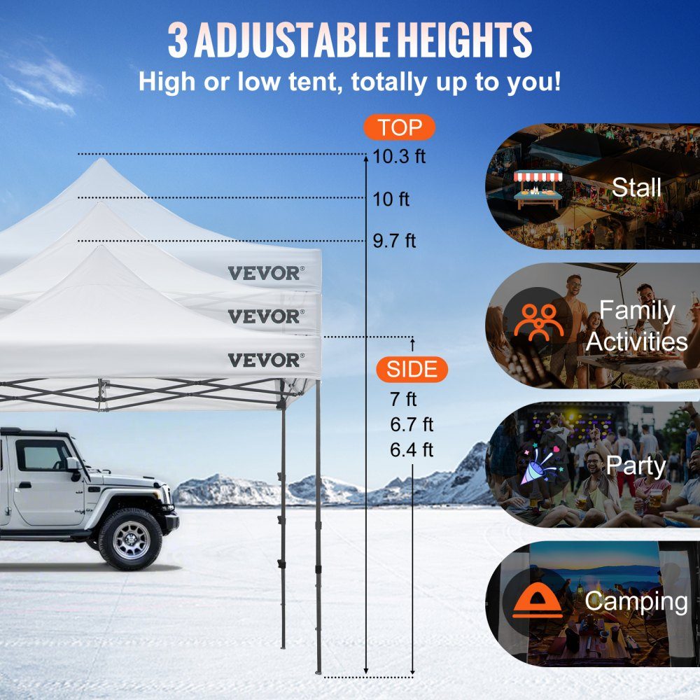 Gazebo Pliant 3x3m Gazebo Pliant 240g Polyester Enduit de PVC Pop Up Gazebo 1,95-2,13 m Tente de fête réglable Chapiteau Tente de Plage Blanche pour Mariages ou Autres activités Commerciales