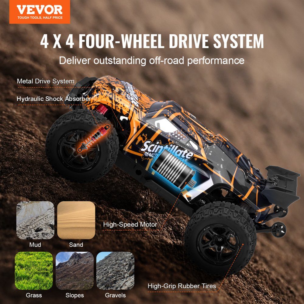 Remote Control Car, 1:10 Scale RC Car, 4WD Off-Road Vehicle with 45° Wheelie and Adjustable Speed, 50km/h RC Racing Car Toy, Ideal for Ages 8 and Up, IPX4