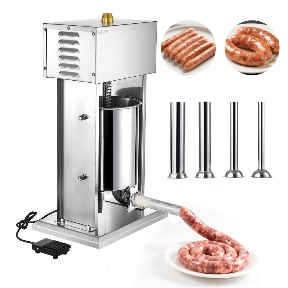 Elektrischer Wurstfüller 10L Wurstfüllmaschine Fleischfüller mit stufenloser Geschwindigkeitsregelung & Pedal, Hochleistungsfüller aus Edelstahl mit 4 Wurstfüllrohren, Fleischfüllung
