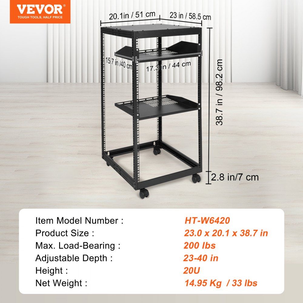 20U open frame server rack, freestanding or wall mounted network server rack, 4 post AV rack with wheels, can accommodate all your network IT equipment and AV equipment