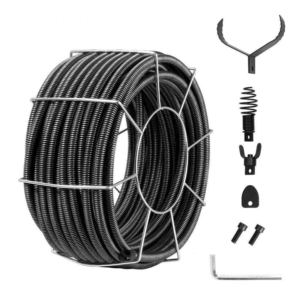 Kabel do czyszczenia rur 30 m x 19 mm, kabel do czyszczenia rur wykonany ze stali i 4 obcinaki do rur od 100 do 200 mm, kabel do czyszczenia rur z rdzeniem wewnętrznym do zlewów, odpływów podłogowych, toalet