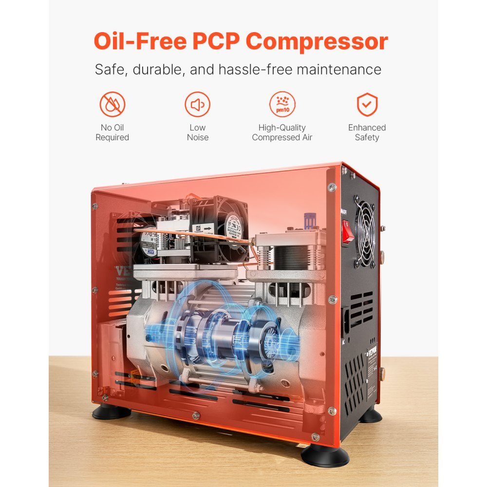 PCP Air Compressor, 800W Double Cylinder PCP Air Rifle Compressor 310bar/30MPa with Built-in Fan Cooling System, Auto Stop | Oil-free paintball tank compressor for air rifle, diving tank