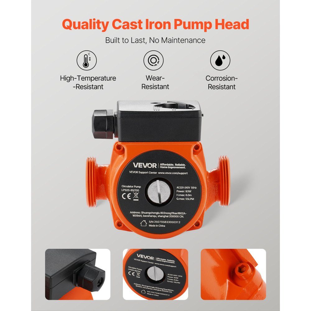LPS25-6S/130 Cast Iron Circulation Pump 1/8HP 55L/min Hot Water Circulation Pump Threaded Connection 3 Speed ​​Setting Quiet Operation for Home Heating Systems