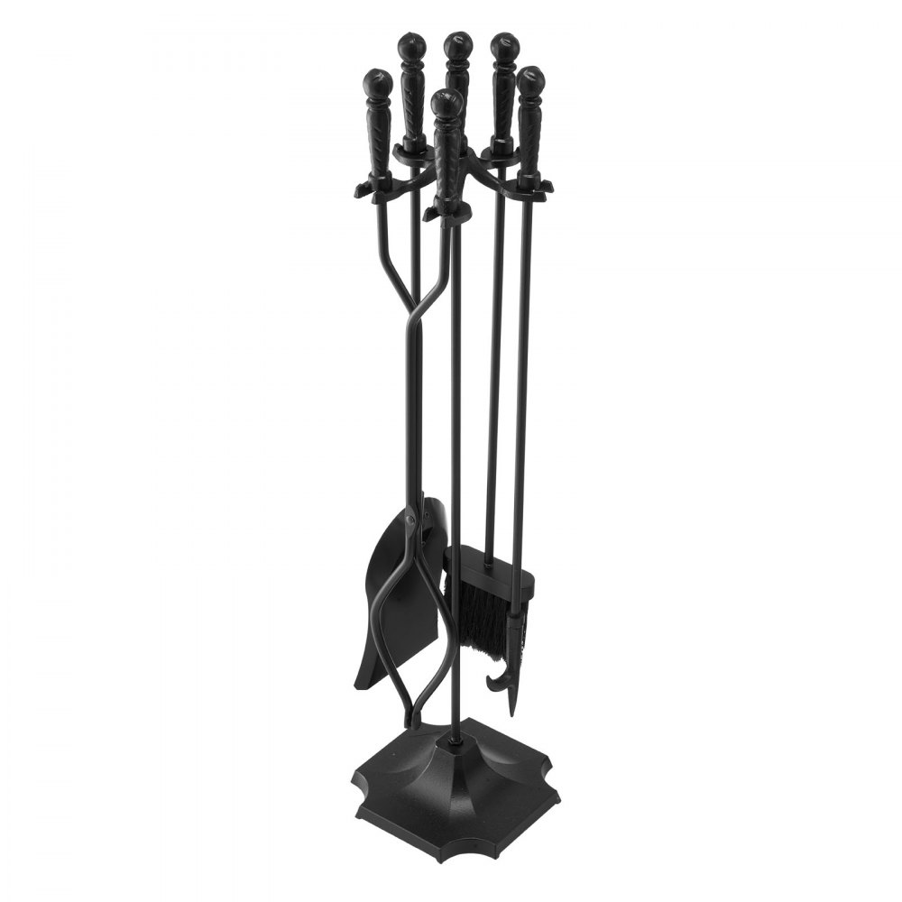Couverts de cheminée, 5 pièces. Ensemble de couverts de four, support à cinq branches, pinces, pelle à cendres, brosse, tisonnier, accessoires de cheminée en fer forgé pour feu de camp intérieur/extérieur, noir Couverts de cheminée, 5 pièces. Ensemble de couverts de four, support à cinq branches, pinces, pelle à cendres, brosse, tisonnier, accessoires de cheminée en fer forgé pour feu de camp intérieur/extérieur, noir