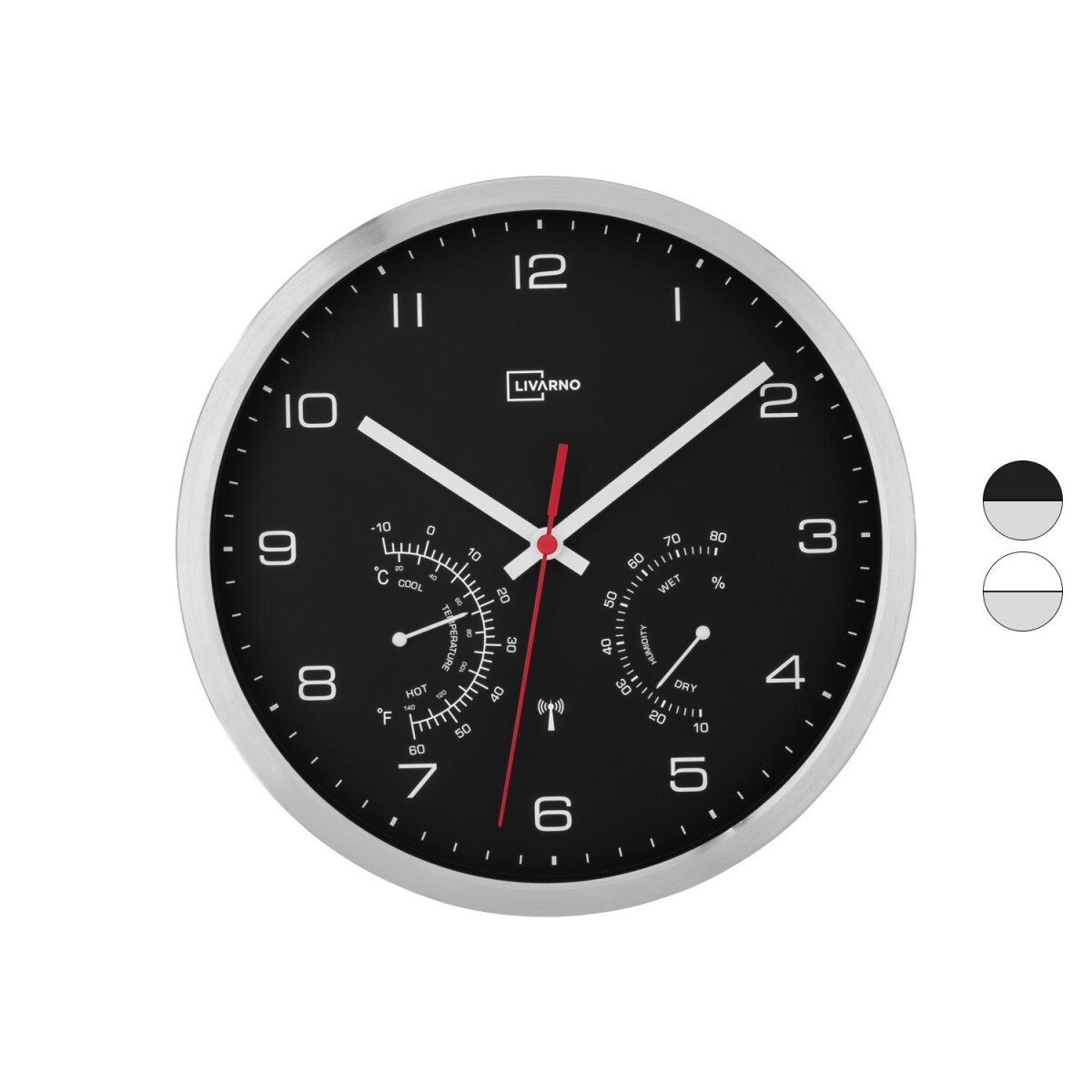 LIVARNO HOME Funk-Wanduhr aus Aluminium mit Thermometer und Hygrometer