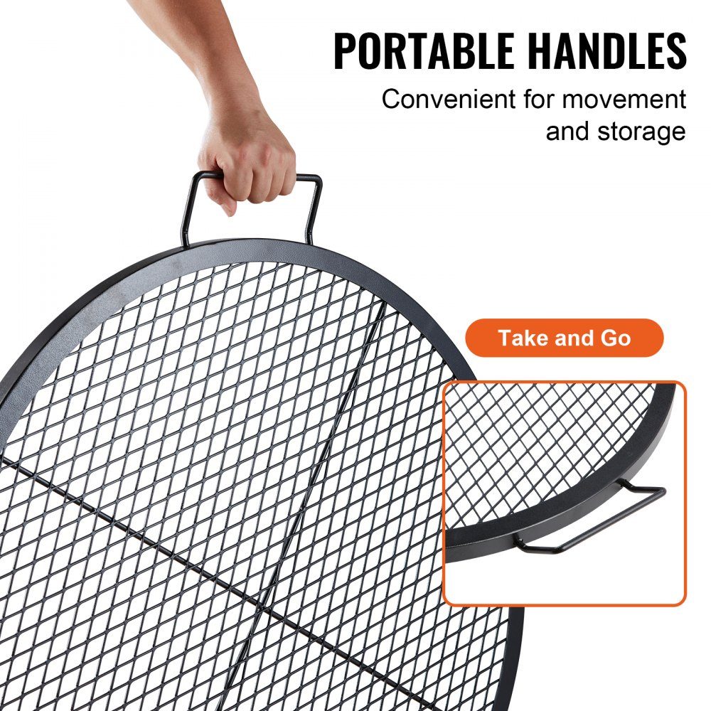 X-Marks Grille de barbecue pour foyer, Φ 760 x 25 mm, grille de barbecue en acier avec poignée et support X-Wire, batterie de cuisine de camping portable pour fêtes et rassemblements en plein air, noir