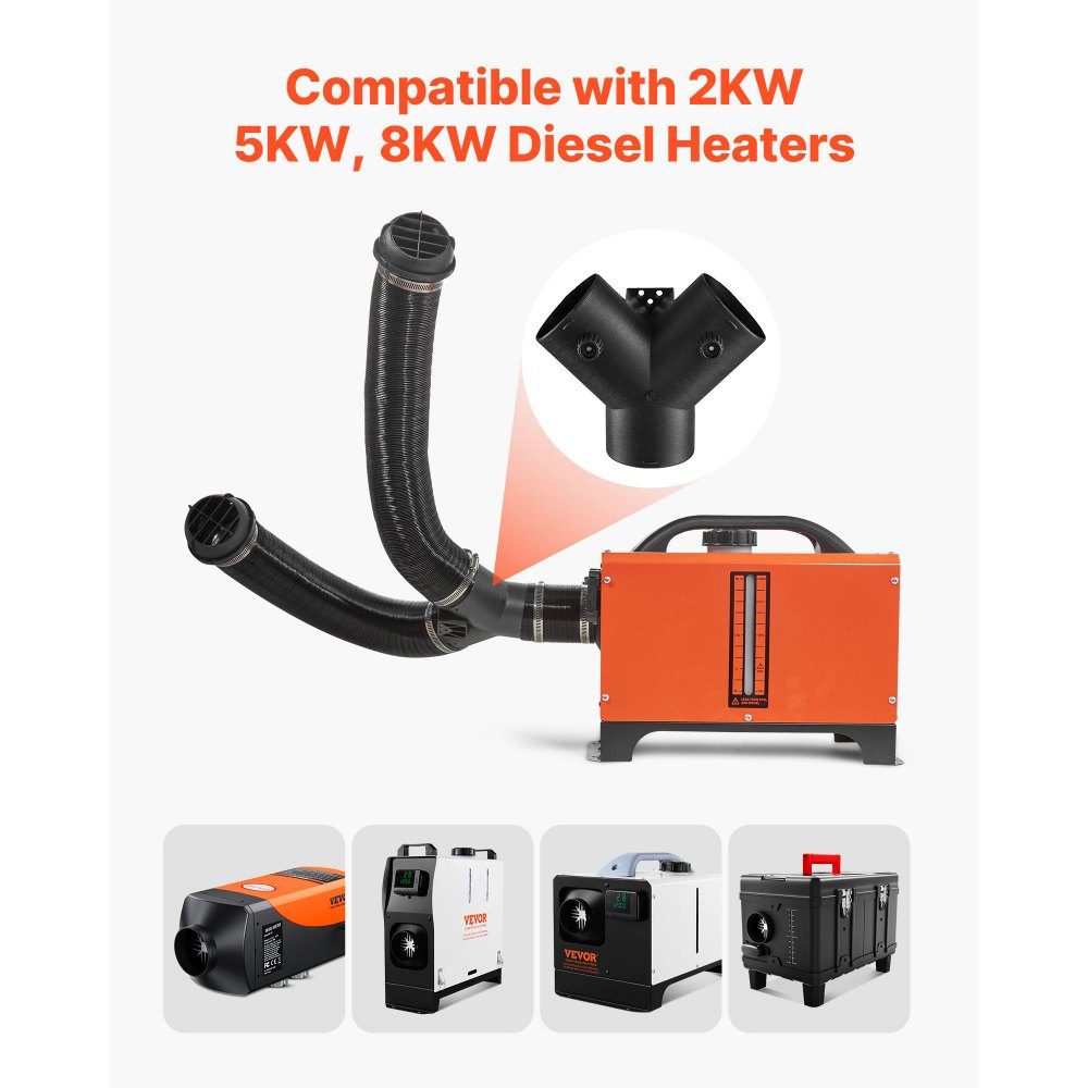 Diesel heater connector (75mm), diesel heater duct connection accessories, Y-shaped 3-way vent connectors with 2 90° rotating valves, connection connector for 2/5/8 kW diesel heater