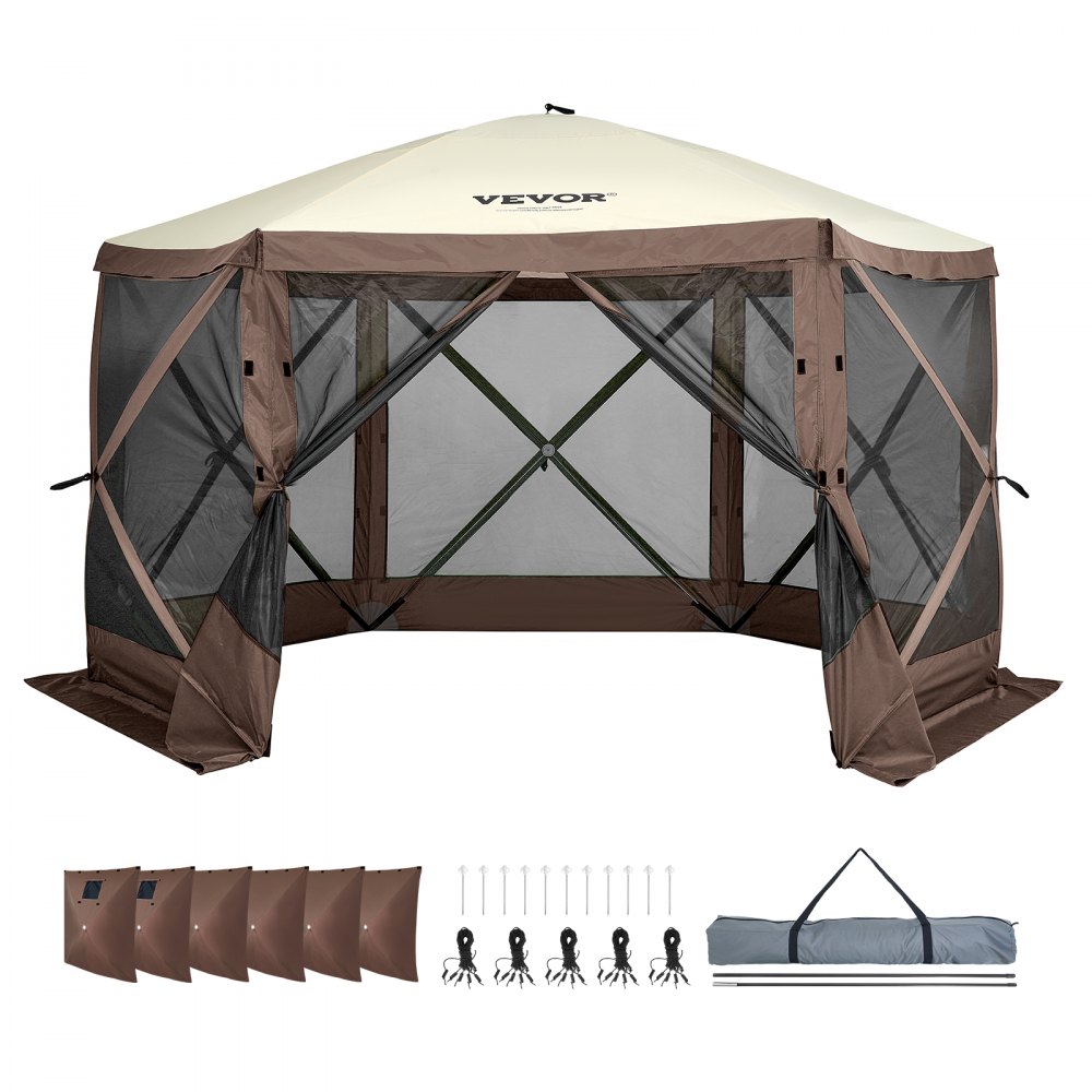 Tente tonnelle escamotable, tente escamotable avec auvent à 6 côtés, protection solaire avec 6 toiles coupe-vent amovibles et fenêtres grillagées, 3,5 x 3,5 m, tente à montage rapide avec moustiquaire, marron
